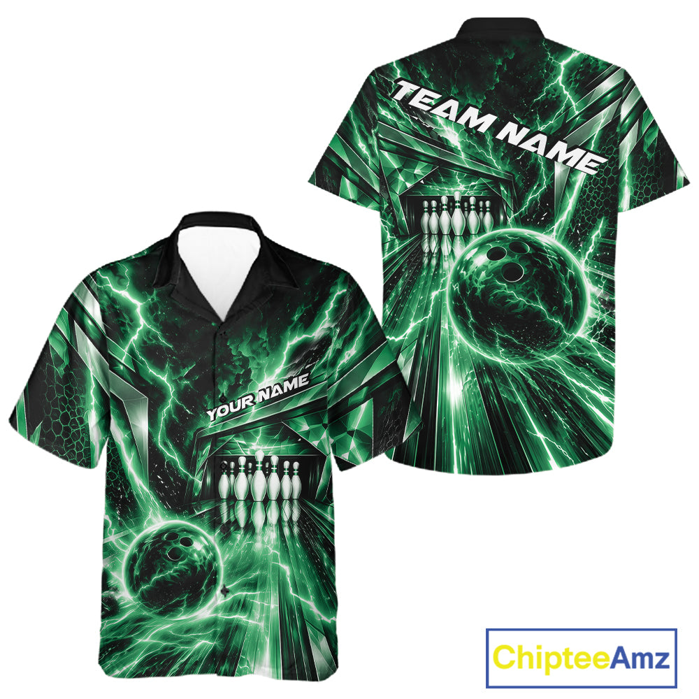 Custom Green Lightning Bowling Button Up Shirt For Men And Women, Bowling League Shirt Bowler Outfit IPHW12341