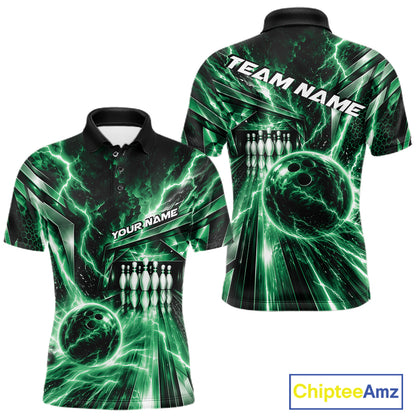 Custom Green Lightning Bowling Polo Shirt For Men, Bowling League Shirt Bowler Outfit IPHW12341