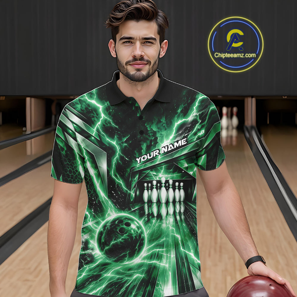 Custom Green Lightning Bowling Polo Shirt For Men, Bowling League Shirt Bowler Outfit IPHW12341