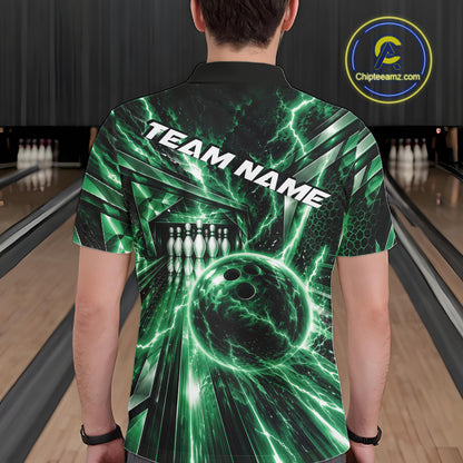 Custom Green Lightning Bowling Polo Shirt For Men, Bowling League Shirt Bowler Outfit IPHW12341