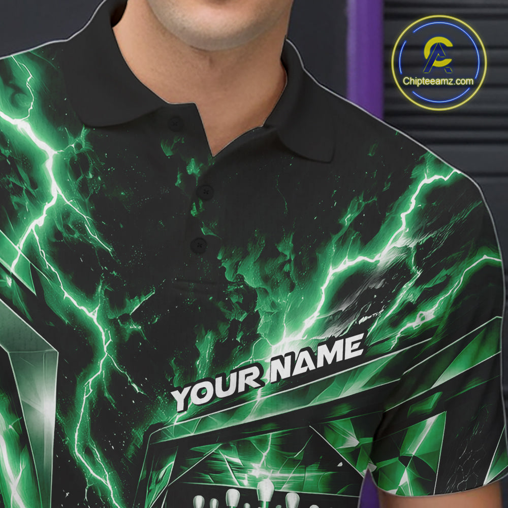 Custom Green Lightning Bowling Polo Shirt For Men, Bowling League Shirt Bowler Outfit IPHW12341