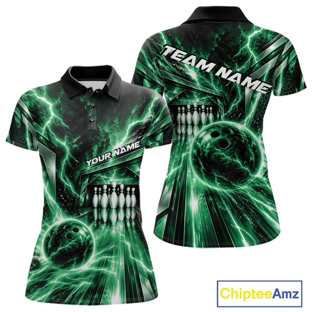 Custom Green Lightning Bowling Polo Shirt For Women, Bowling League Shirt Bowler Outfit IPHW12341