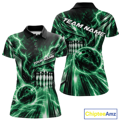 Custom Green Lightning Bowling Polo Shirt For Women, Bowling League Shirt Bowler Outfit IPHW12341