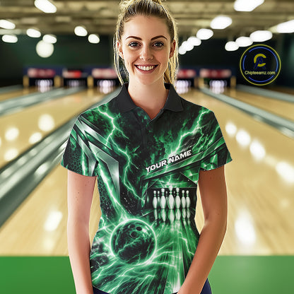 Custom Green Lightning Bowling Polo Shirt For Women, Bowling League Shirt Bowler Outfit IPHW12341