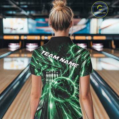 Custom Green Lightning Bowling Polo Shirt For Women, Bowling League Shirt Bowler Outfit IPHW12341
