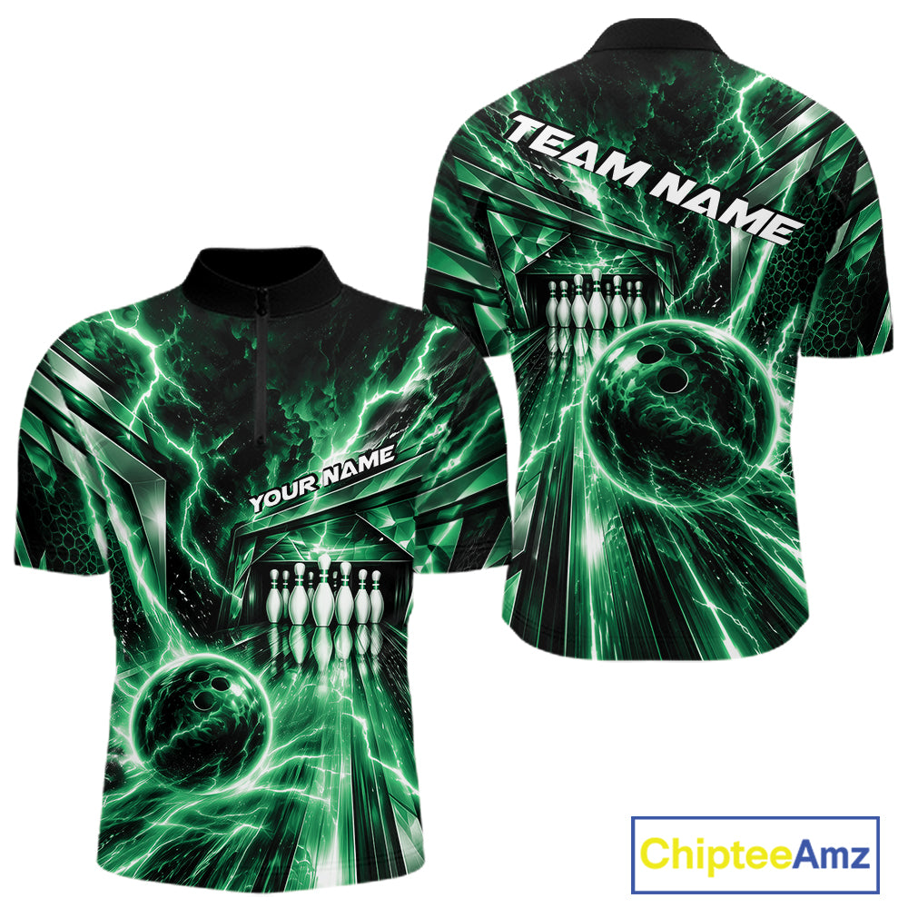 Custom Green Lightning Bowling Quarter Zip Shirt For Men, Bowling League Shirt Bowler Outfit IPHW12341
