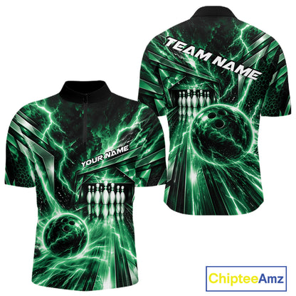 Custom Green Lightning Bowling Quarter Zip Shirt For Men, Bowling League Shirt Bowler Outfit IPHW12341
