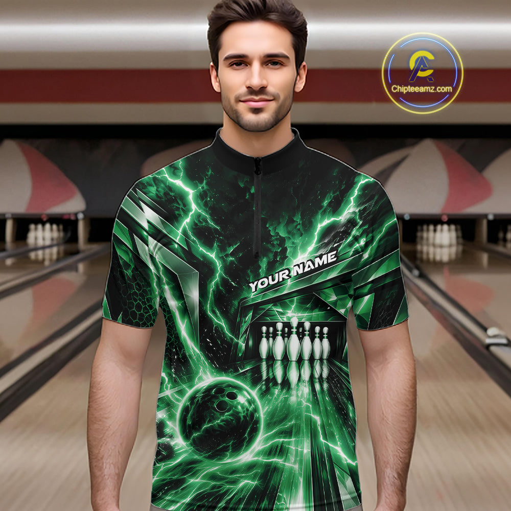 Custom Green Lightning Bowling Quarter Zip Shirt For Men, Bowling League Shirt Bowler Outfit IPHW12341