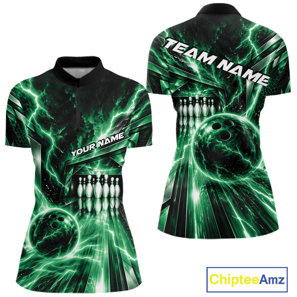 Custom Green Lightning Bowling Quarter-Zip Shirt For Women, Bowling League Shirt IPHW12341