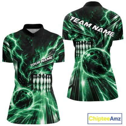 Custom Green Lightning Bowling Quarter-Zip Shirt For Women, Bowling League Shirt IPHW12341