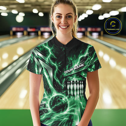 Custom Green Lightning Bowling Quarter-Zip Shirt For Women, Bowling League Shirt IPHW12341