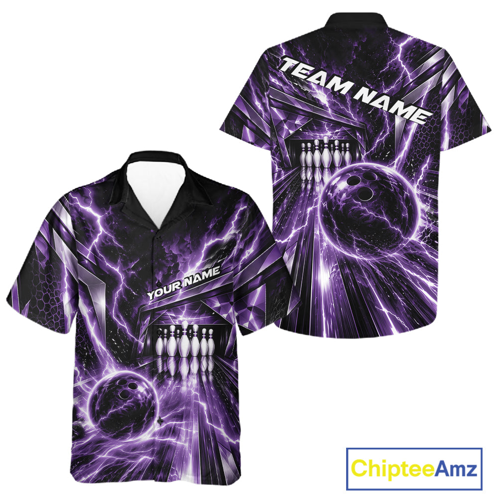 Custom Purple Lightning Bowling Button Up Shirt For Men And Women, Bowling League Shirt Bowler Outfit IPHW12342