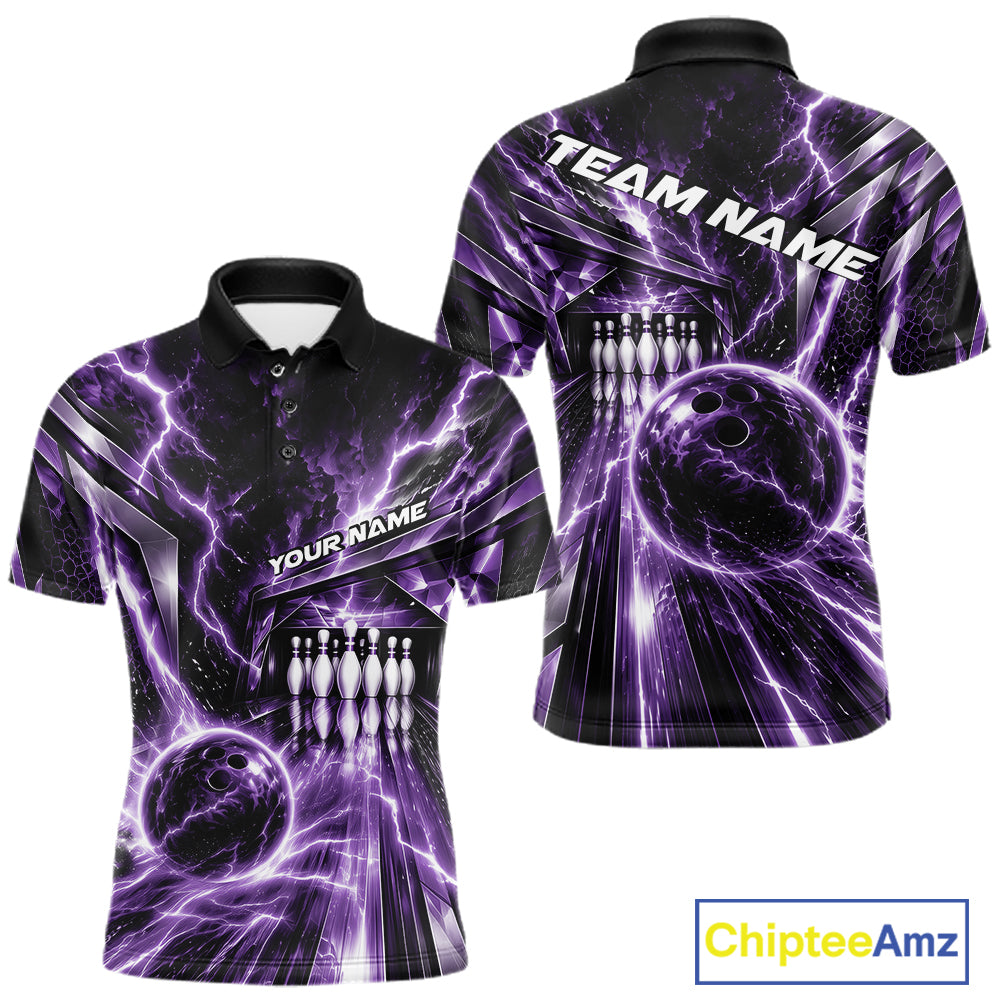 Custom Purple Lightning Bowling Polo Shirt For Men, Bowling League Shirt Bowler Outfit IPHW12342