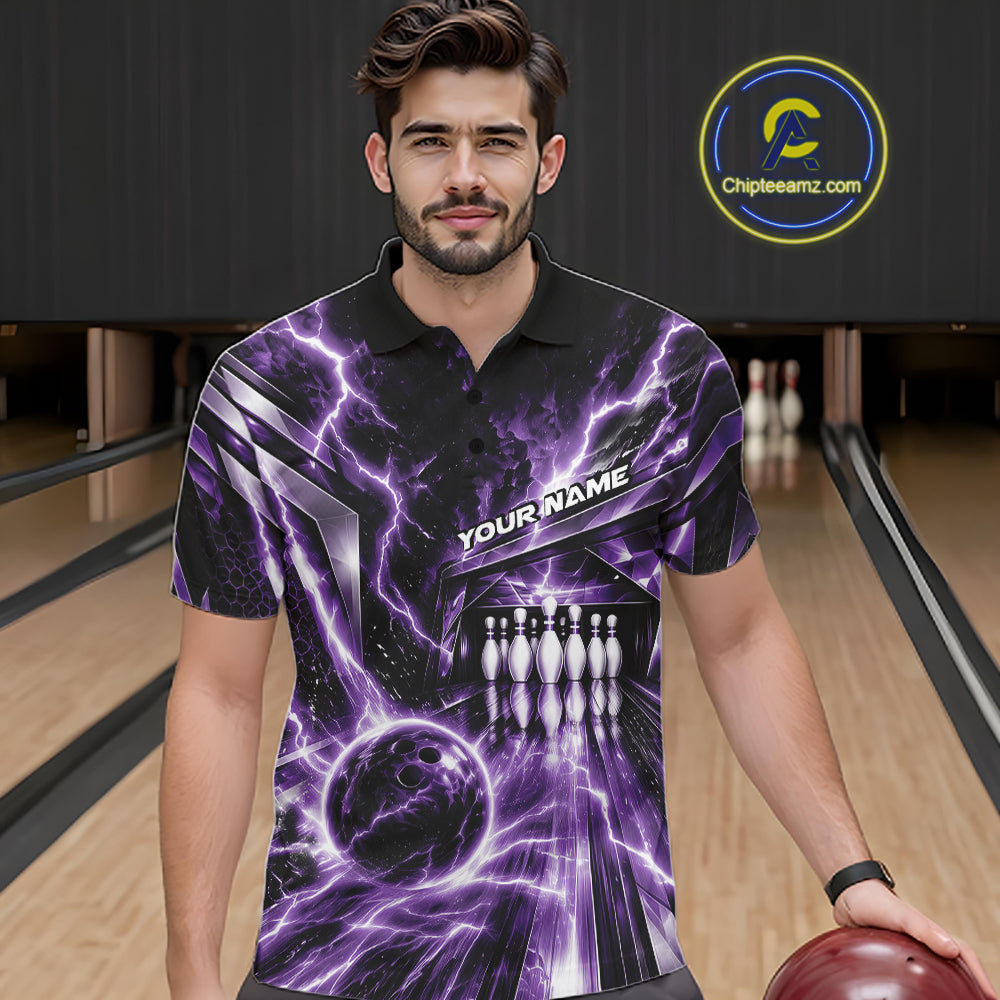 Custom Purple Lightning Bowling Polo Shirt For Men, Bowling League Shirt Bowler Outfit IPHW12342