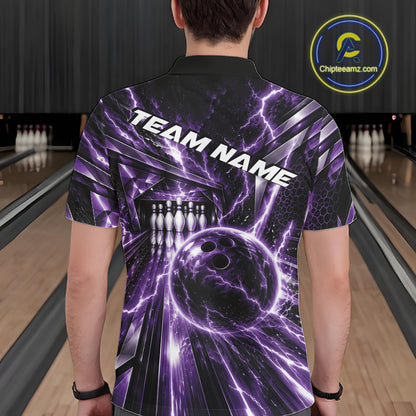 Custom Purple Lightning Bowling Polo Shirt For Men, Bowling League Shirt Bowler Outfit IPHW12342