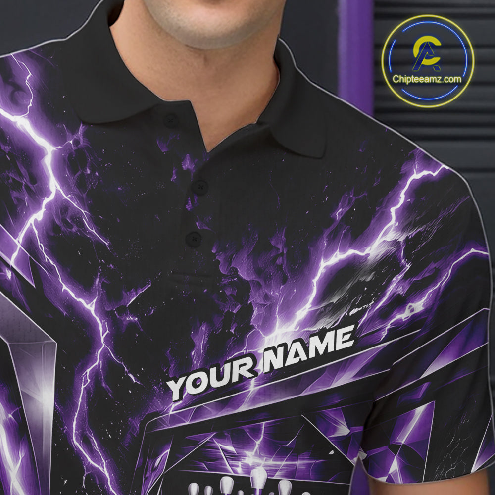 Custom Purple Lightning Bowling Polo Shirt For Men, Bowling League Shirt Bowler Outfit IPHW12342