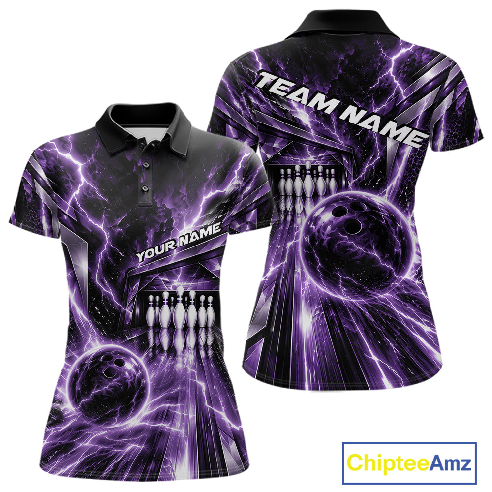 Custom Purple Lightning Bowling Polo Shirt For Women, Bowling League Shirt Bowler Outfit IPHW12342