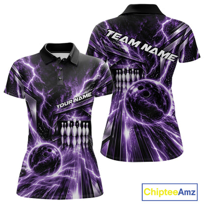 Custom Purple Lightning Bowling Polo Shirt For Women, Bowling League Shirt Bowler Outfit IPHW12342