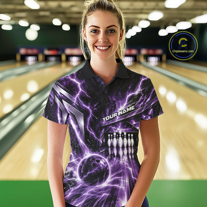 Custom Purple Lightning Bowling Polo Shirt For Women, Bowling League Shirt Bowler Outfit IPHW12342