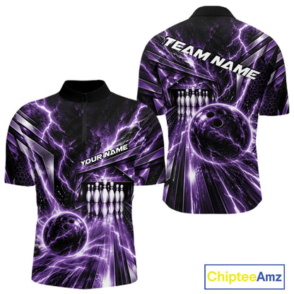 Custom Purple Lightning Bowling Quarter Zip Shirt For Men, Bowling League Shirt Bowler Outfit IPHW12342