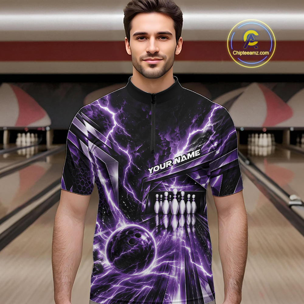 Custom Purple Lightning Bowling Quarter Zip Shirt For Men, Bowling League Shirt Bowler Outfit IPHW12342