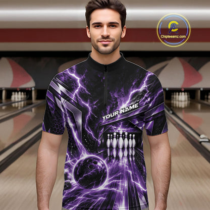 Custom Purple Lightning Bowling Quarter Zip Shirt For Men, Bowling League Shirt Bowler Outfit IPHW12342