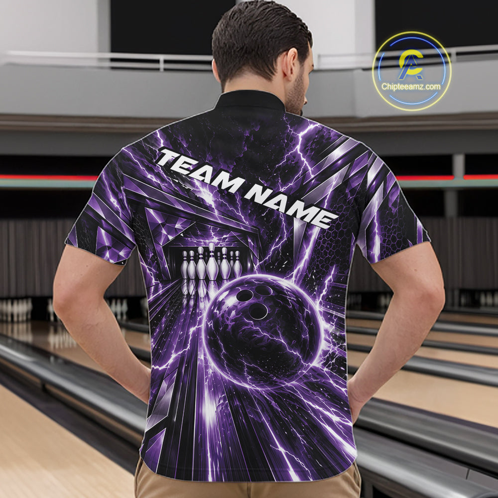 Custom Purple Lightning Bowling Quarter Zip Shirt For Men, Bowling League Shirt Bowler Outfit IPHW12342