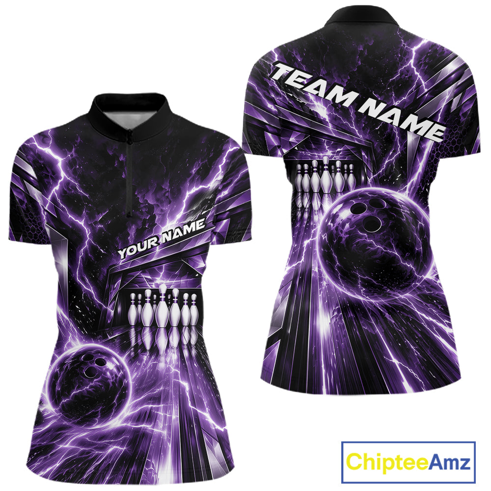 Custom Purple Lightning Bowling Quarter-Zip Shirt For Women, Bowling League Shirt IPHW12342