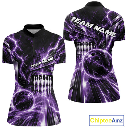 Custom Purple Lightning Bowling Quarter-Zip Shirt For Women, Bowling League Shirt IPHW12342