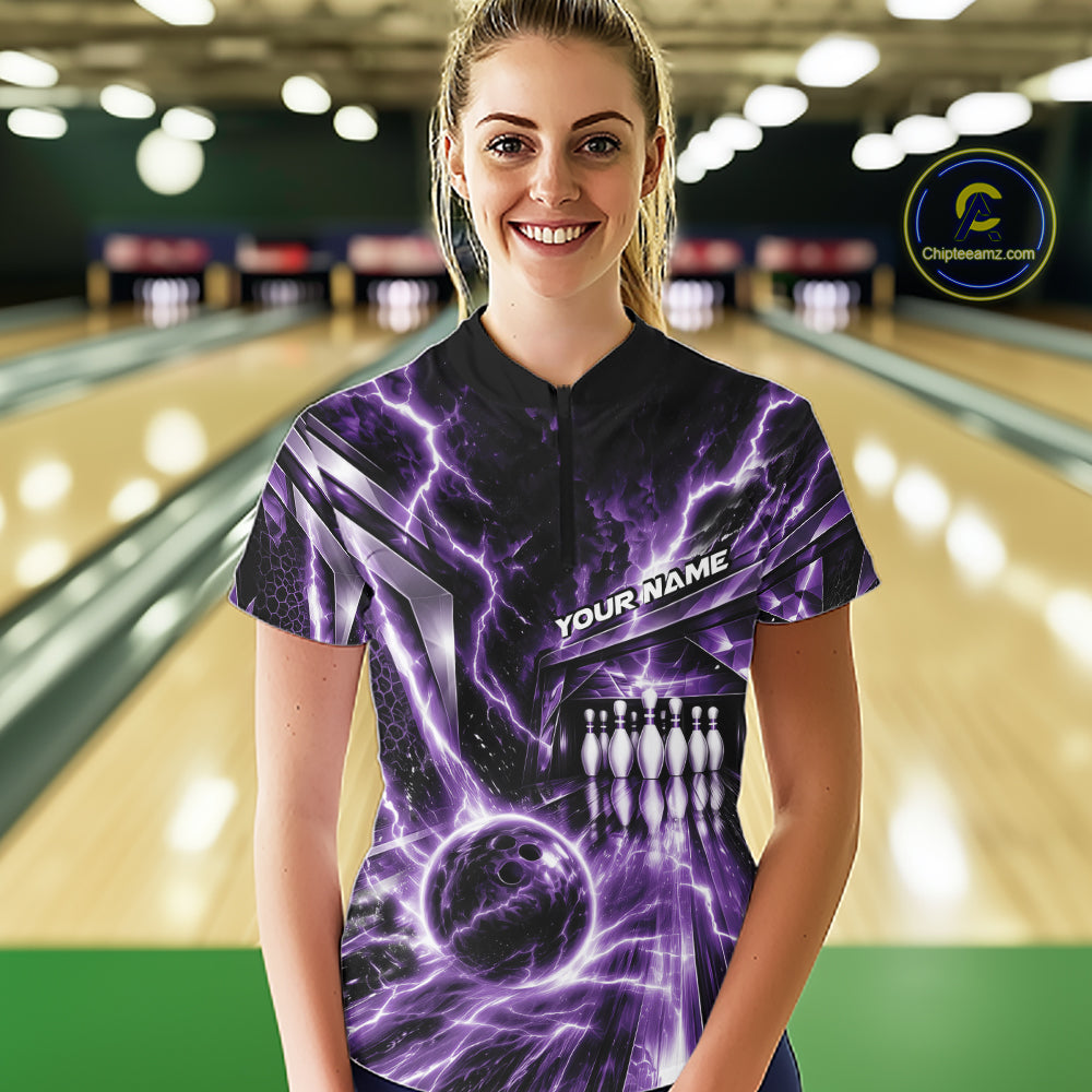 Custom Purple Lightning Bowling Quarter-Zip Shirt For Women, Bowling League Shirt IPHW12342