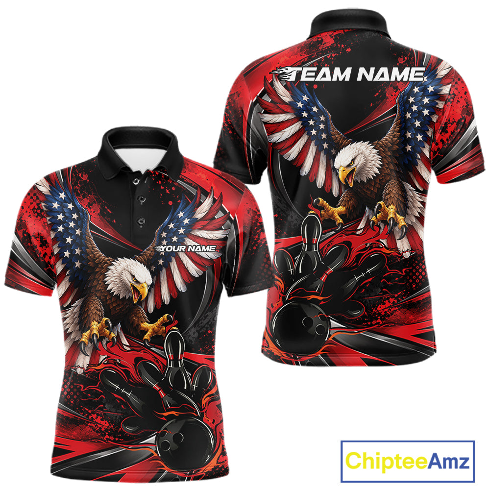 Custom Red Flame American Flag Eagle Patriotic Bowling Men Polo Shirt, Team Uniform IPHW12347