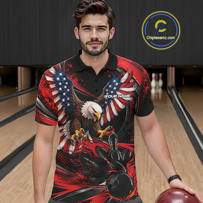 Custom Red Flame American Flag Eagle Patriotic Bowling Men Polo Shirt, Team Uniform IPHW12347