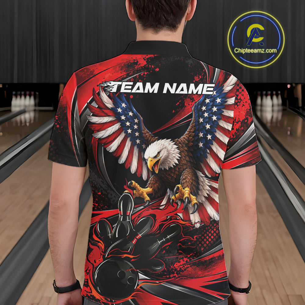Custom Red Flame American Flag Eagle Patriotic Bowling Men Polo Shirt, Team Uniform IPHW12347