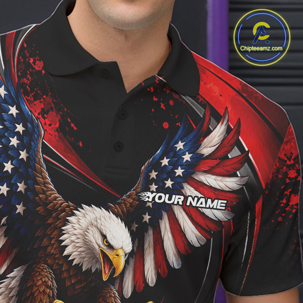 Custom Red Flame American Flag Eagle Patriotic Bowling Men Polo Shirt, Team Uniform IPHW12347
