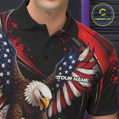 Custom Red Flame American Flag Eagle Patriotic Bowling Men Polo Shirt, Team Uniform IPHW12347