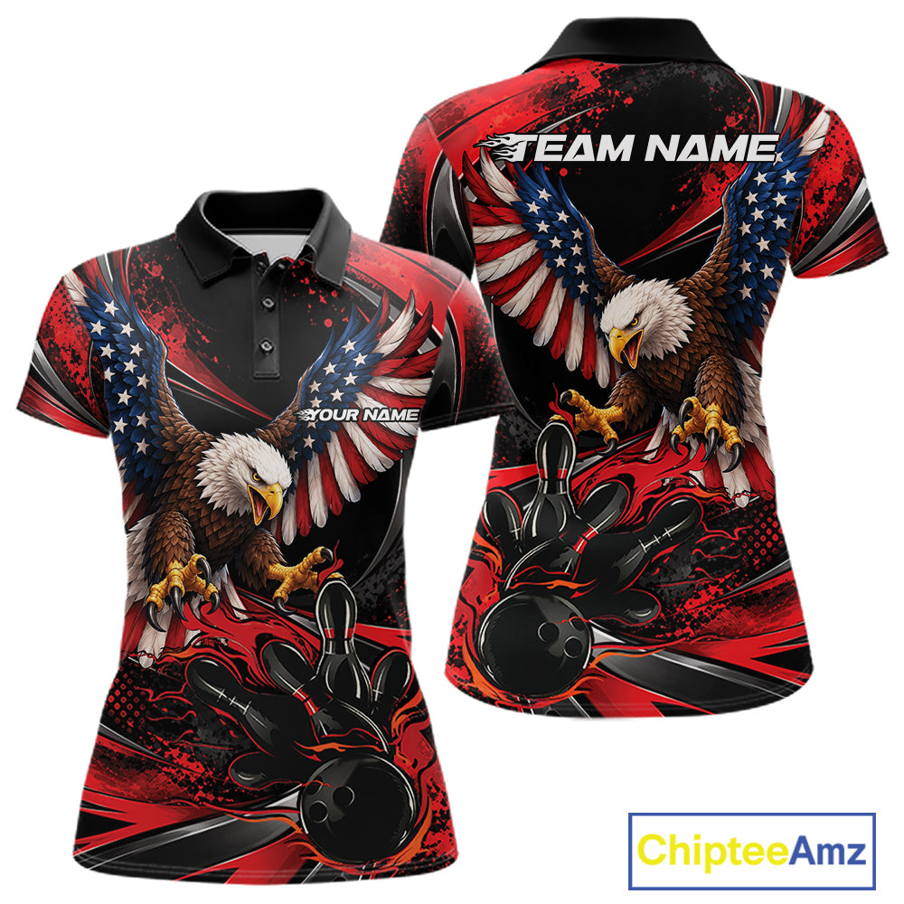 Custom Red Flame American Flag Eagle Patriotic Bowling Women Polo Shirt, Team Uniform IPHW12347