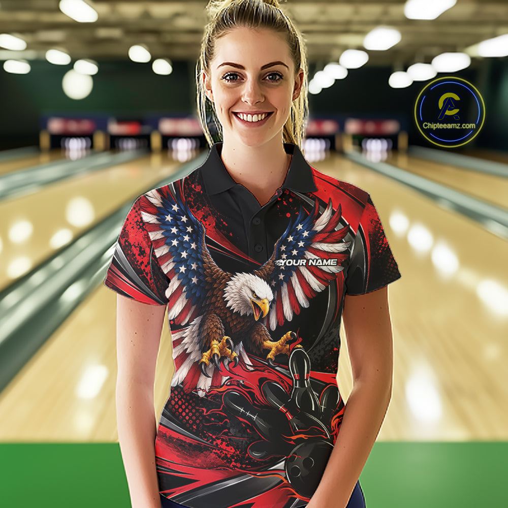 Custom Red Flame American Flag Eagle Patriotic Bowling Women Polo Shirt, Team Uniform IPHW12347