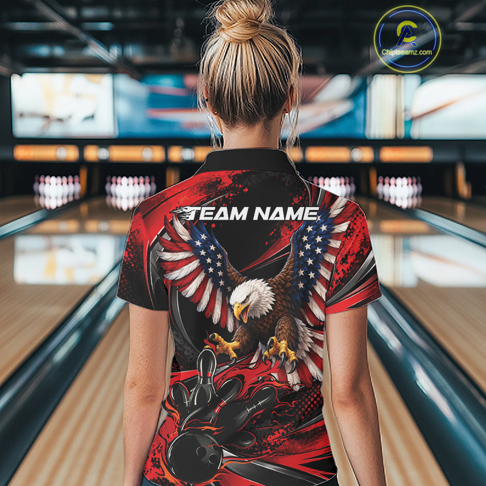 Custom Red Flame American Flag Eagle Patriotic Bowling Women Polo Shirt, Team Uniform IPHW12347