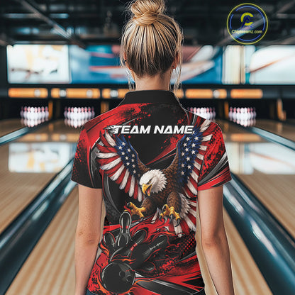 Custom Red Flame American Flag Eagle Patriotic Bowling Women Polo Shirt, Team Uniform IPHW12347