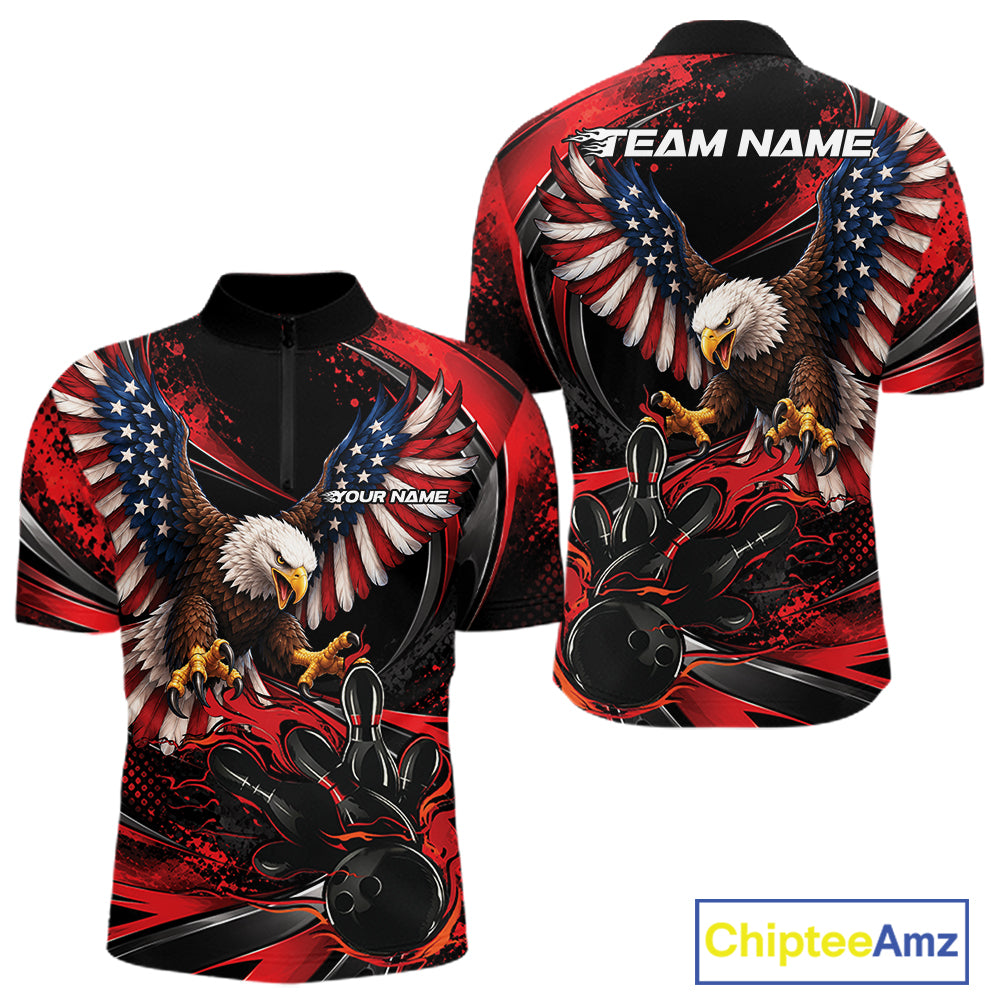 Custom Red Flame American Flag Eagle Patriotic Bowling Men Quarter Zip Shirt, Team Uniform IPHW12347