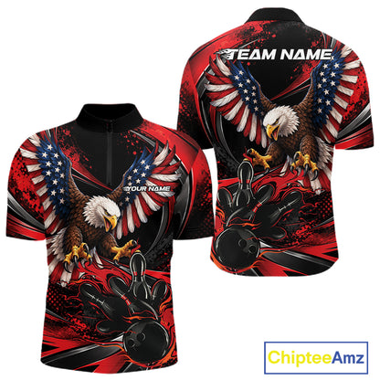 Custom Red Flame American Flag Eagle Patriotic Bowling Men Quarter Zip Shirt, Team Uniform IPHW12347