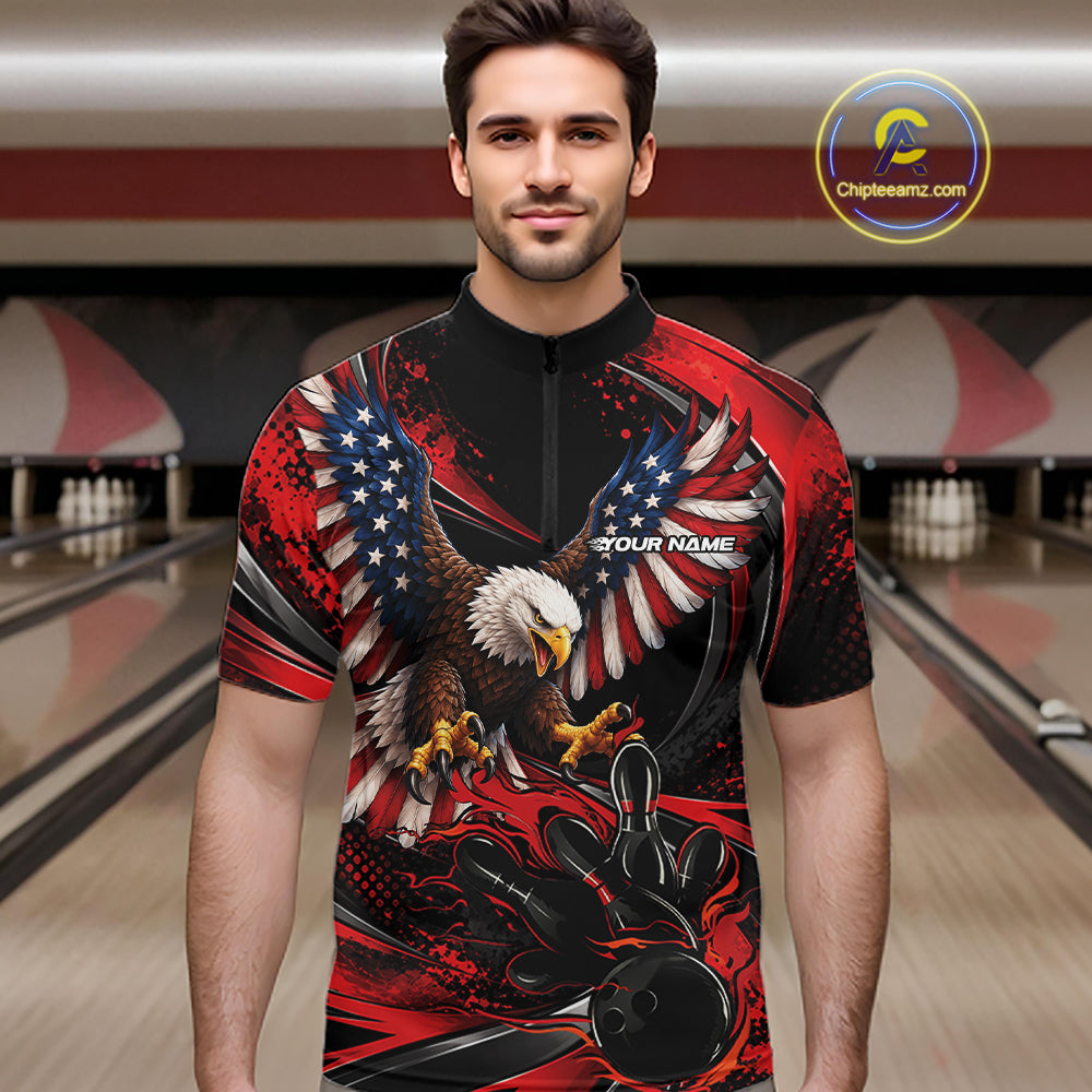 Custom Red Flame American Flag Eagle Patriotic Bowling Men Quarter Zip Shirt, Team Uniform IPHW12347