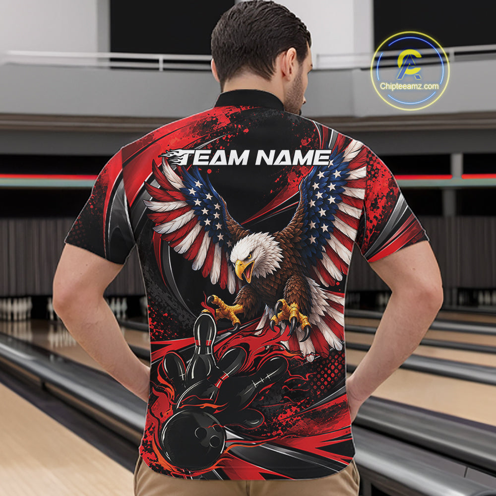 Custom Red Flame American Flag Eagle Patriotic Bowling Men Quarter Zip Shirt, Team Uniform IPHW12347