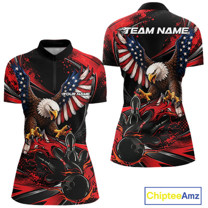 Custom Red Flame American Flag Eagle Patriotic Bowling Women Quarter-Zip Shirt IPHW12347