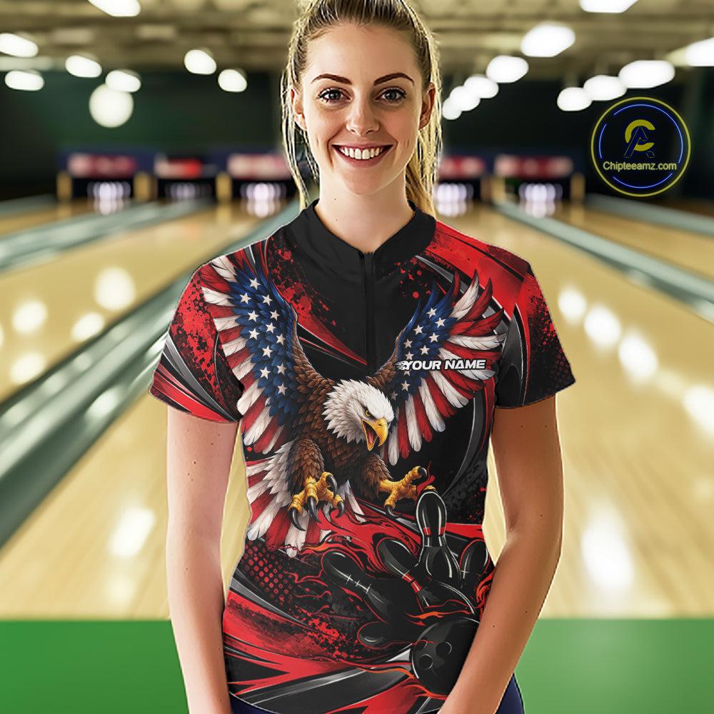 Custom Red Flame American Flag Eagle Patriotic Bowling Women Quarter-Zip Shirt IPHW12347