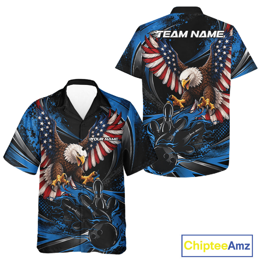 Custom Blue Flame American Flag Eagle Patriotic Bowling Men And Women Button Up Shirt, Team Uniform IPHW12348