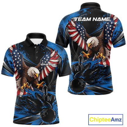 Custom Blue Flame American Flag Eagle Patriotic Bowling Men Polo Shirt, Team Uniform IPHW12348