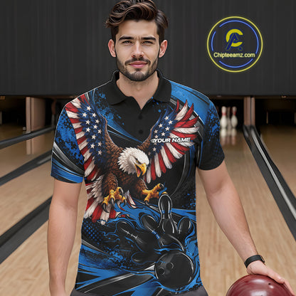 Custom Blue Flame American Flag Eagle Patriotic Bowling Men Polo Shirt, Team Uniform IPHW12348