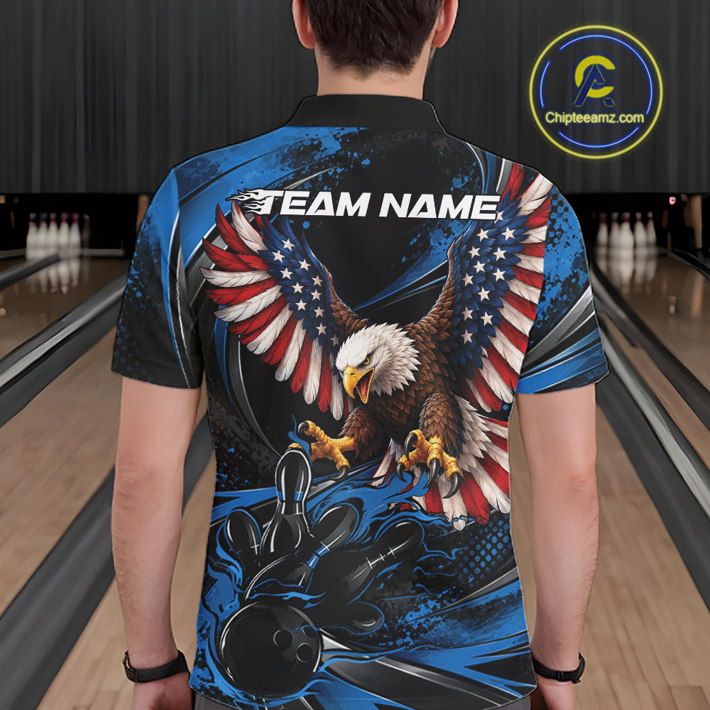 Custom Blue Flame American Flag Eagle Patriotic Bowling Men Polo Shirt, Team Uniform IPHW12348