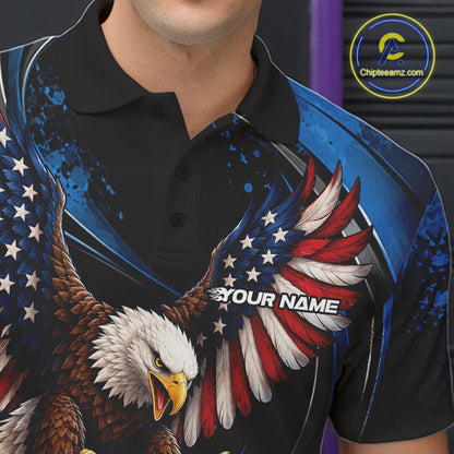 Custom Blue Flame American Flag Eagle Patriotic Bowling Men Polo Shirt, Team Uniform IPHW12348